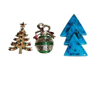 Festive Holiday Brooch Set - Gold, Green, Blue